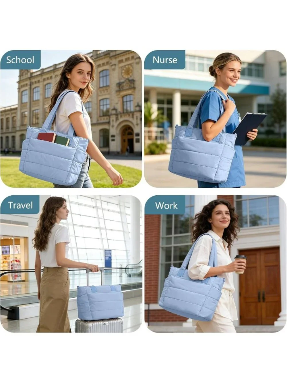 👜Women's Ice Blue Quilted Puffer Tote Bag Lightweight Work For Travel Handbags